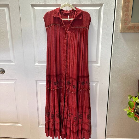 Free People Oversized Flowy Embroidered Maxi Dress – Red, XS (Fits Up to M) - Picture 1 of 2